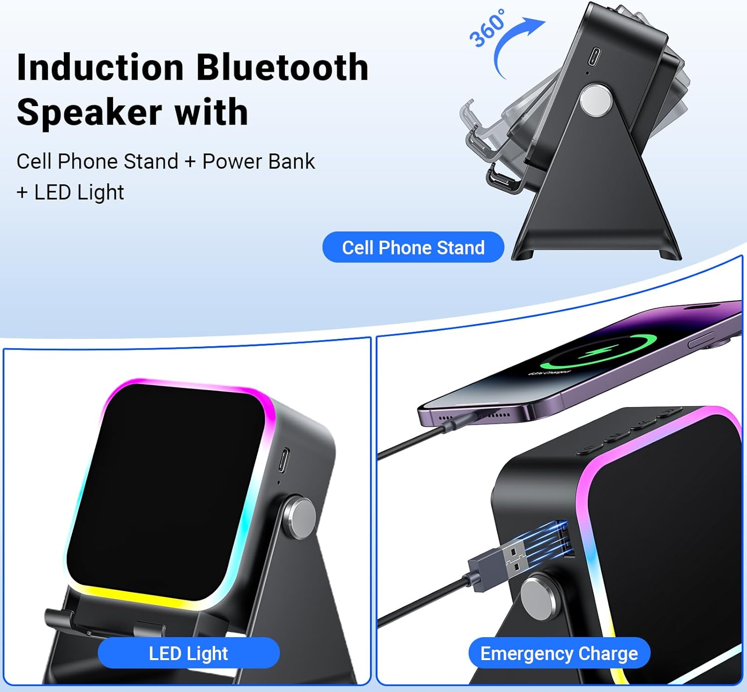 5-in-1 Wireless Induction Speaker & Phone Stand - Colorful Rechargeable Bluetooth Audio for iPhone & Android - Perfect Birthday Gift for Men, Women & Teens (Black)