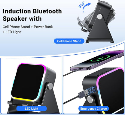 5-in-1 Wireless Induction Speaker & Phone Stand - Colorful Rechargeable Bluetooth Audio for iPhone & Android - Perfect Birthday Gift for Men, Women & Teens (Black)