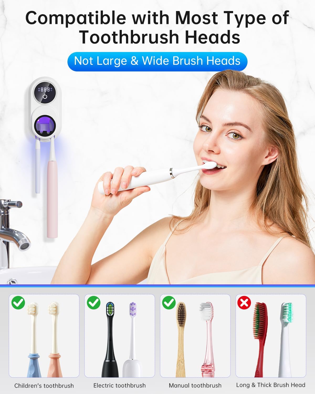 UV Toothbrush Sanitizer & Holder - 2 Slot Wall-Mounted Toothbrush Cleaner with LED Smart Screen, Fan & Heat Drying for a Hygienic Bathroom (White)