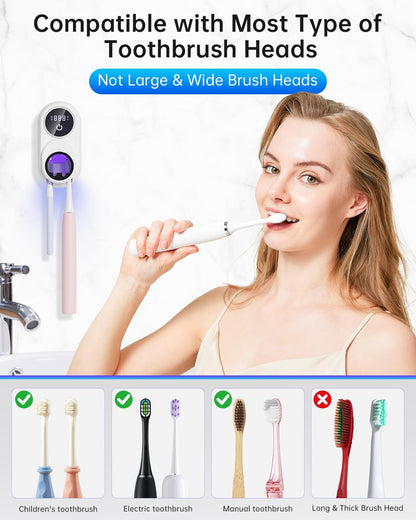 UV Toothbrush Sanitizer & Holder - 2 Slot Wall-Mounted Toothbrush Cleaner with LED Smart Screen, Fan & Heat Drying for a Hygienic Bathroom (White)