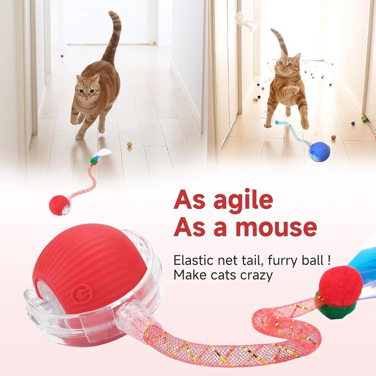Agile Moving Cat Ball with Elastic Mesh Tail -360° Automatic Rolling- Interactive Automatic Toy for Bored Indoor Cats & Dogs