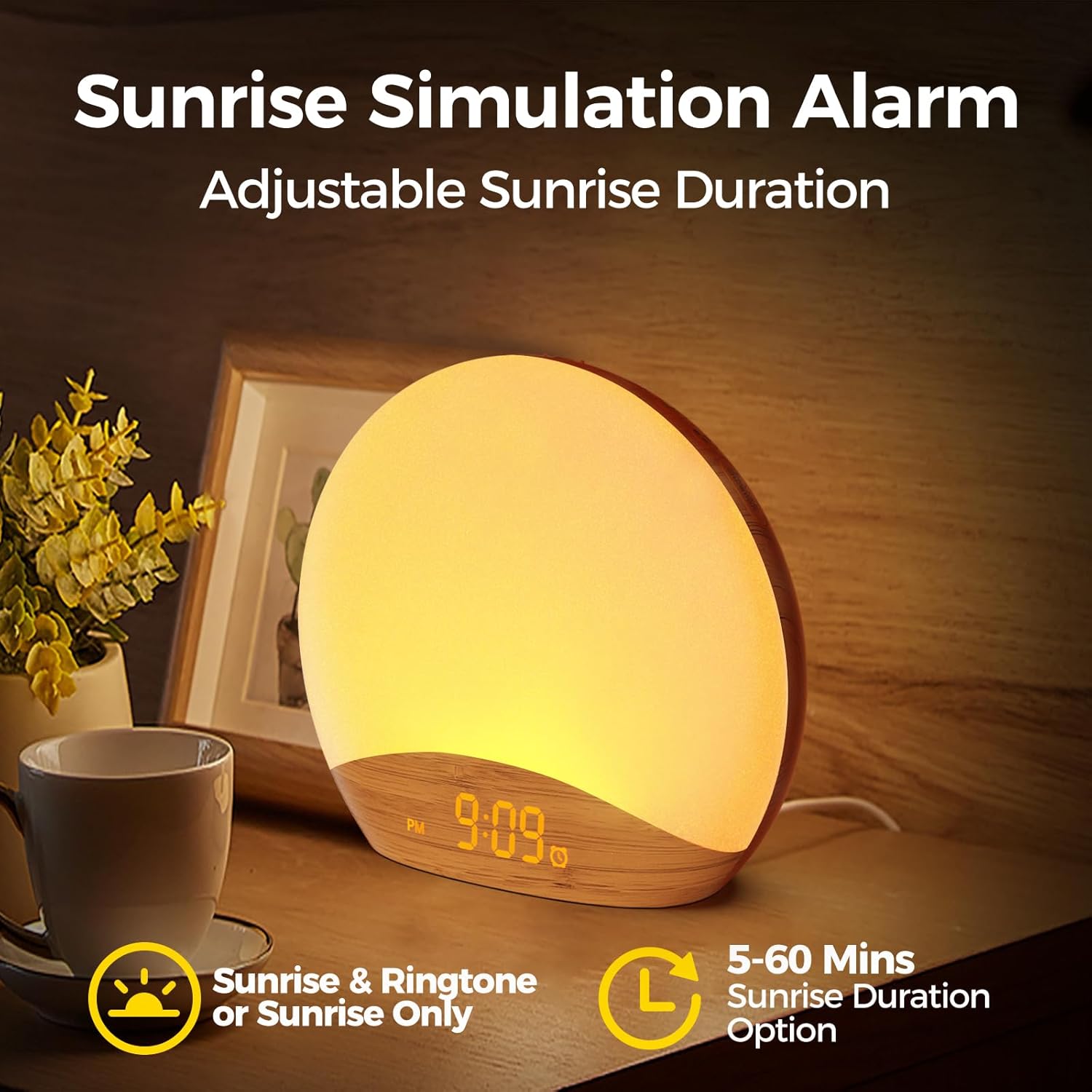 Sunrise Alarm Clock & Sound Machine - Wood Grain Design, Dimmable Nightlight, 26 Sleep Sounds, Perfect for Babies & Adults