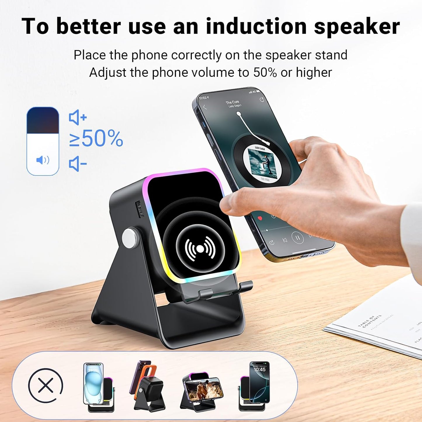 5-in-1 Wireless Induction Speaker & Phone Stand - Colorful Rechargeable Bluetooth Audio for iPhone & Android - Perfect Birthday Gift for Men, Women & Teens (Black)