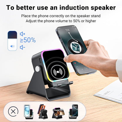 5-in-1 Wireless Induction Speaker & Phone Stand - Colorful Rechargeable Bluetooth Audio for iPhone & Android - Perfect Birthday Gift for Men, Women & Teens (Black)