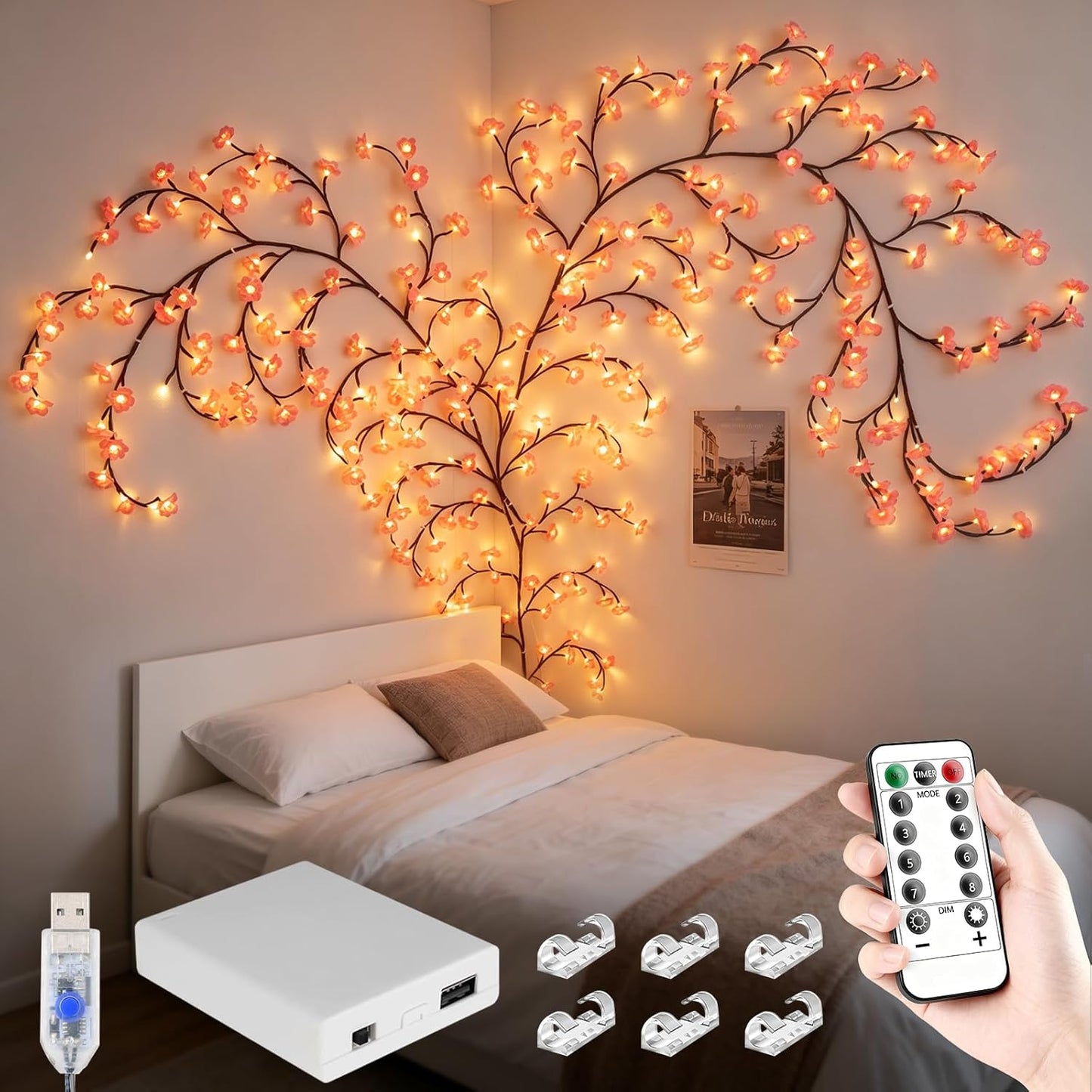 4FT Pink Cherry Blossom Vine Lights - 48 LED Enchanted Willow Branches with Remote Timer, 8 Light Modes, Perfect for Bedroom, Weddings & Christmas Decor, USB Battery Operated