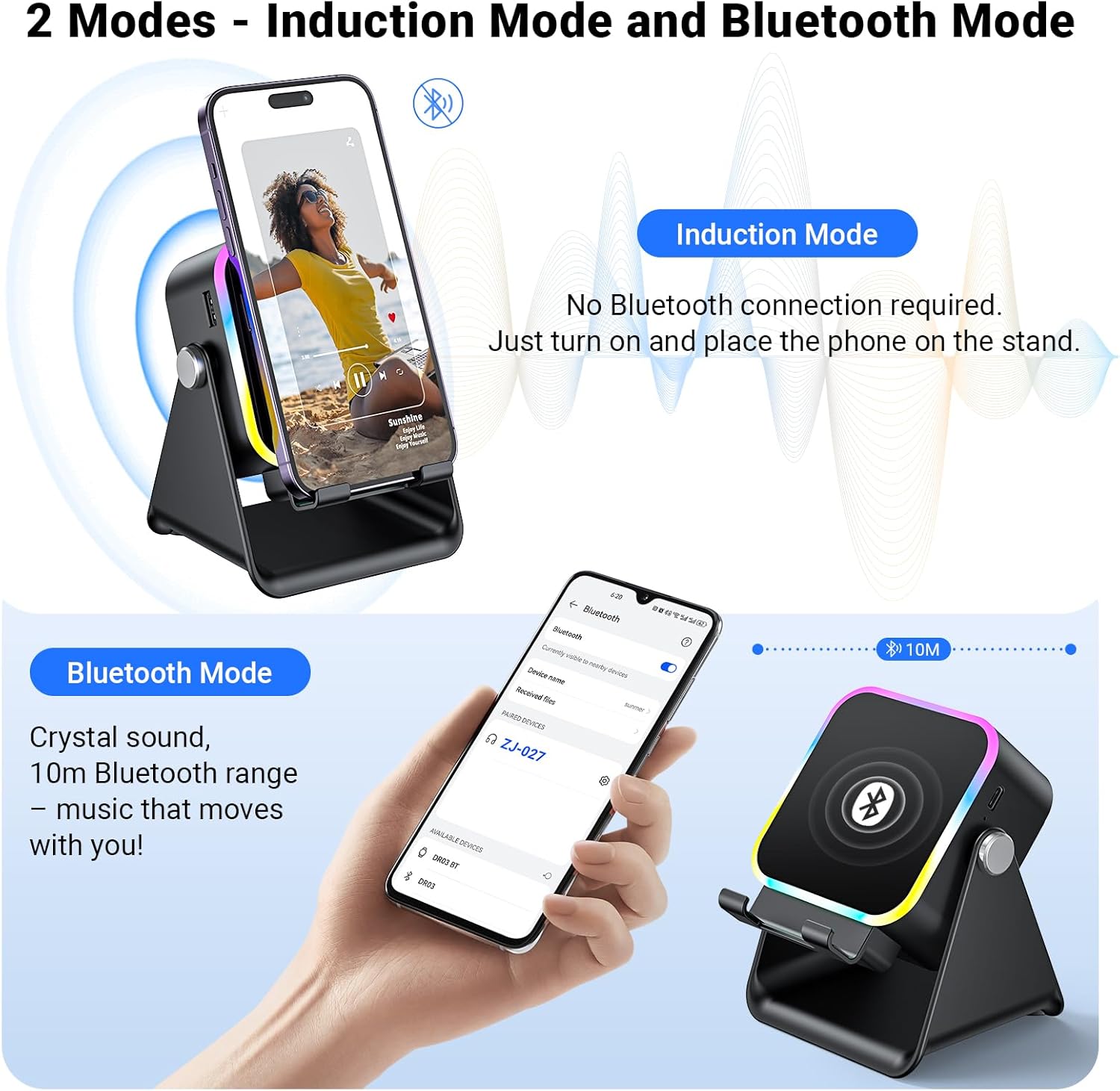 5-in-1 Wireless Induction Speaker & Phone Stand - Colorful Rechargeable Bluetooth Audio for iPhone & Android - Perfect Birthday Gift for Men, Women & Teens (Black)