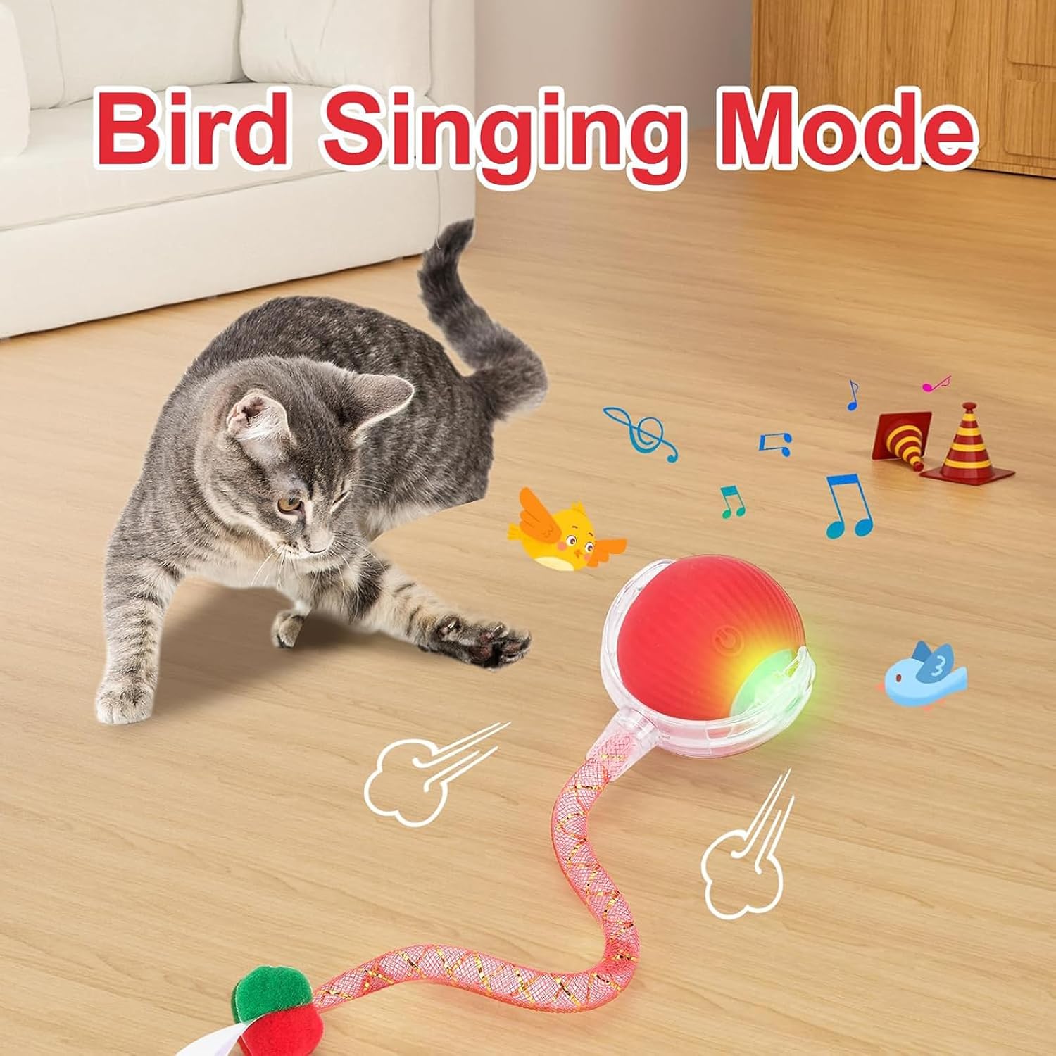 Agile Moving Cat Ball with Elastic Mesh Tail -360° Automatic Rolling- Interactive Automatic Toy for Bored Indoor Cats & Dogs