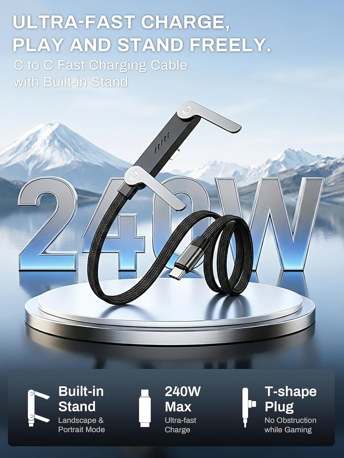 240W Ultra Fast USB C to USB C Charging Cable with Foldable T-Shaped Stand - 90 Degree Right Angle Plug - 4.9 Ft Multi-Functional Cord - Sleek Black Design