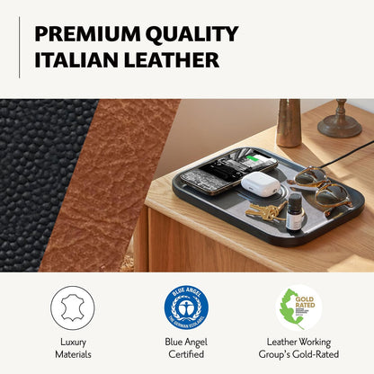 MAG:3 Classics Charger and Tray - Italian Leather, Multi-Device Charger Compatible with Magsafe Iphones 16, 15, 14, 13, 12 or Wireless Airpod Cases (Black)