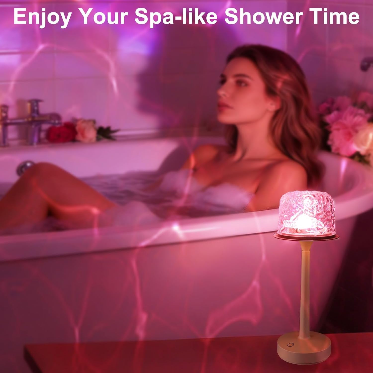 Cordless Waterproof Shower Lamp - Rechargeable 16 Color Ocean Wave Projector with Touch & Remote Control - Spa-Like Mood Light for Bathtub and Shower