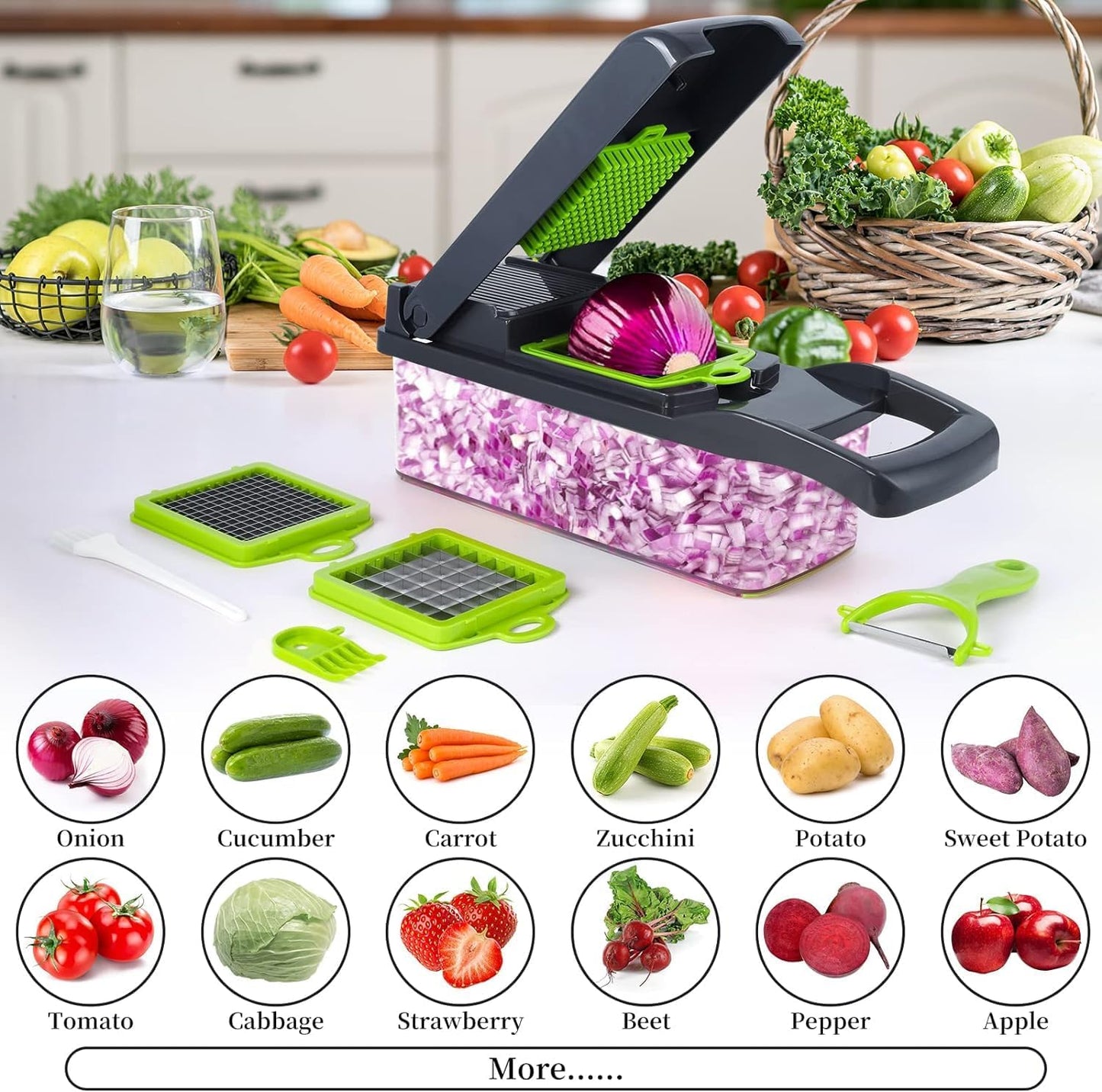 Pro 16-in-1 Multifunctional Vegetable Chopper with 8 Blades - Effortless Slicing, Dicing, and Cutting for Onions, Carrots, and Garlic - Includes Container