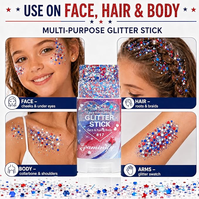 Glitter Stick - Perfect for 4th of July Celebrations, and Football Games! Waterproof & Safe For Hair, Face & Body