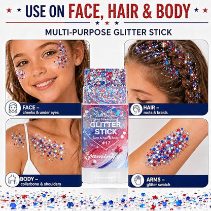 Glitter Stick - Perfect for 4th of July Celebrations, and Football Games! Waterproof & Safe For Hair, Face & Body