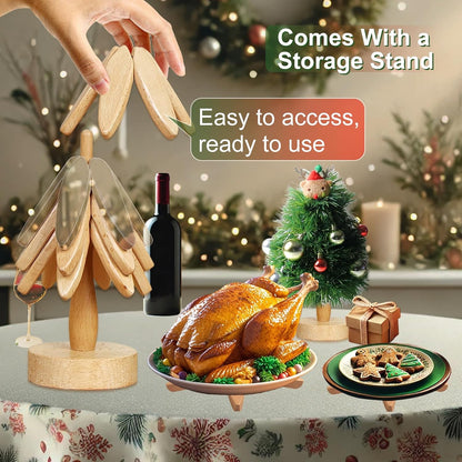 Charming Wooden Christmas Tree Trivet - 7.7 Inch Hot Dish Protector with Stand, Perfect Holiday Gift for Home Chefs!