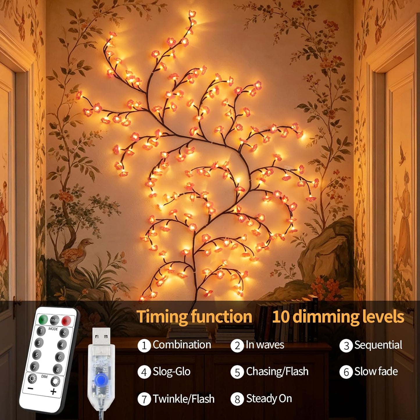 4FT Pink Cherry Blossom Vine Lights - 48 LED Enchanted Willow Branches with Remote Timer, 8 Light Modes, Perfect for Bedroom, Weddings & Christmas Decor, USB Battery Operated
