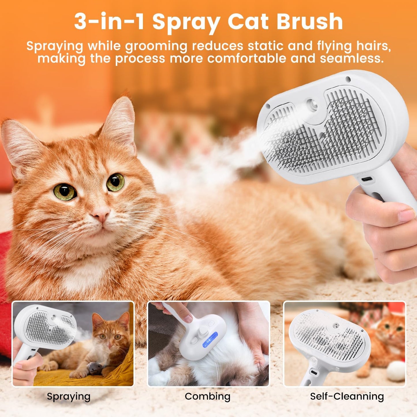 Revolutionary 3-in-1 Pet Steam Brush: Effortless Grooming & Shedding Solution for Cats and Dogs with Mist Spray for Luxurious Care - Ideal for All Coat Types (White)