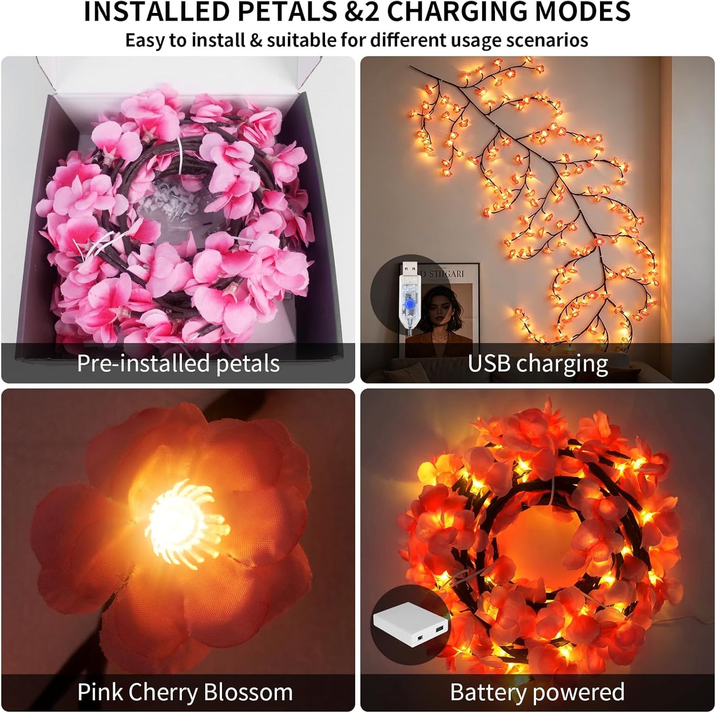 4FT Pink Cherry Blossom Vine Lights - 48 LED Enchanted Willow Branches with Remote Timer, 8 Light Modes, Perfect for Bedroom, Weddings & Christmas Decor, USB Battery Operated
