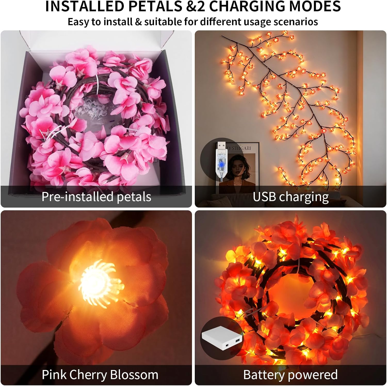 4FT Pink Cherry Blossom Vine Lights - 48 LED Enchanted Willow Branches with Remote Timer, 8 Light Modes, Perfect for Bedroom, Weddings & Christmas Decor, USB Battery Operated