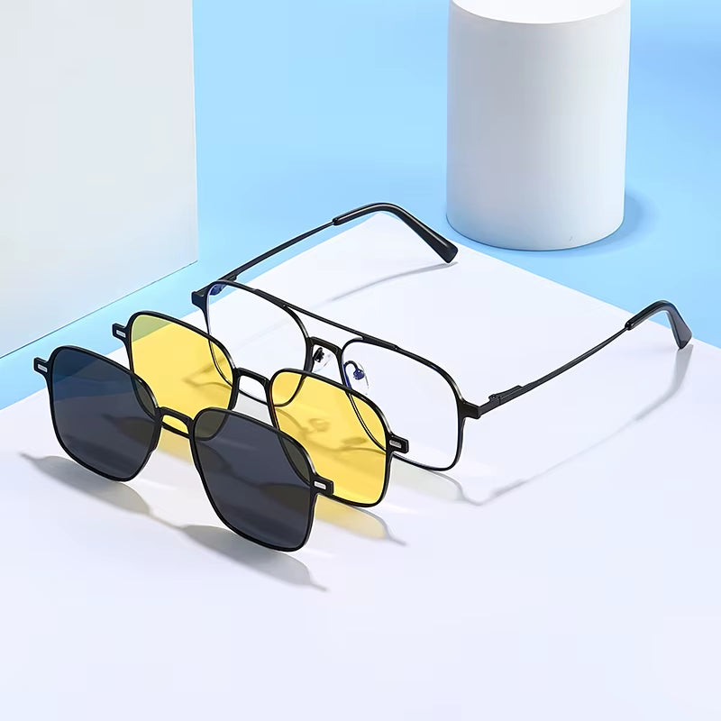 New Metal 3 in 1 Polarized Sunglasses Men Style Magnet Clip on Glasses Frame Trend 2024 Optical Computer Glasses UV400