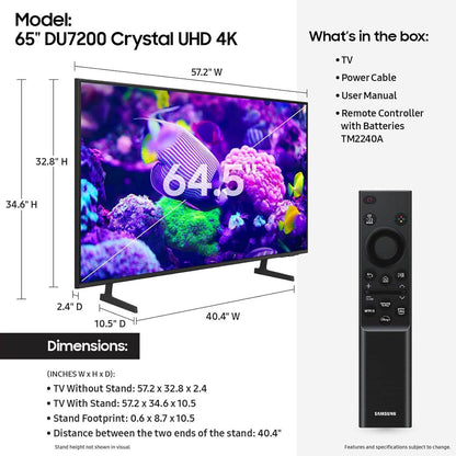 65-Inch Class Crystal UHD 4K DU7200 Series HDR Smart TV W/Object Tracking Sound Lite, Purcolor, Motion Xcelerator, Mega Contrast, Q-Symphony (UN65DU7200, 2024 Model)