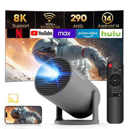 Mini Projector HY300Pro - 8K 1080P, WiFi 6 & BT 5.4, 290 ANSI Brightness, Auto Keystone, 180° Rotation - Perfect for Home Theater & Outdoor Movies - Portable & Stylish White Design