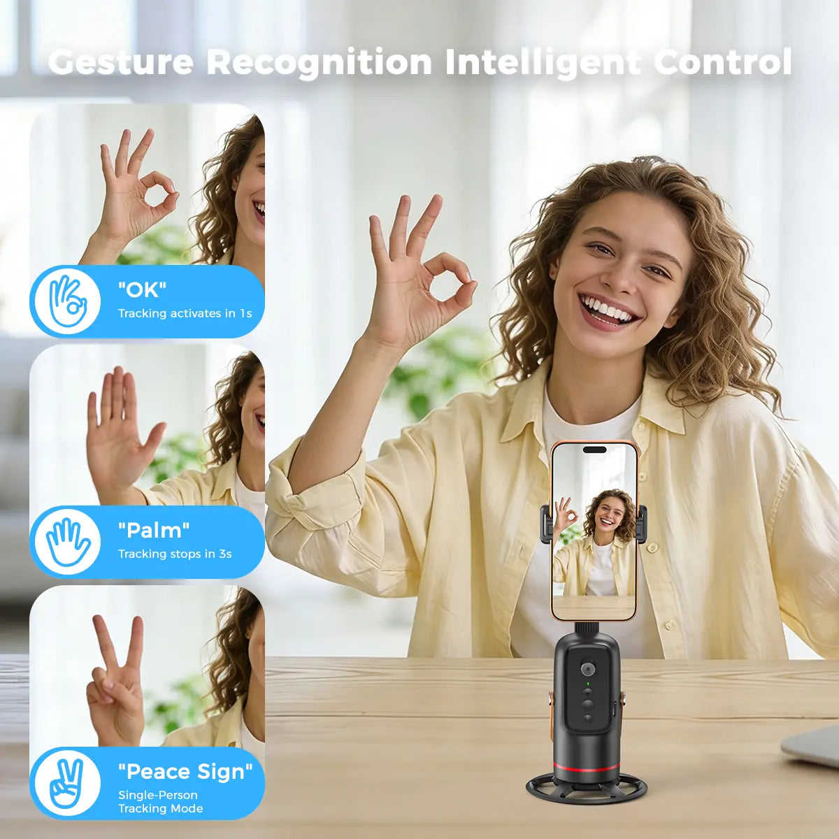 Smart Auto Face Tracking Tripod with Gesture Control - 360° Rotating Phone Mount for Live Streaming, Vlogging, and Selfies