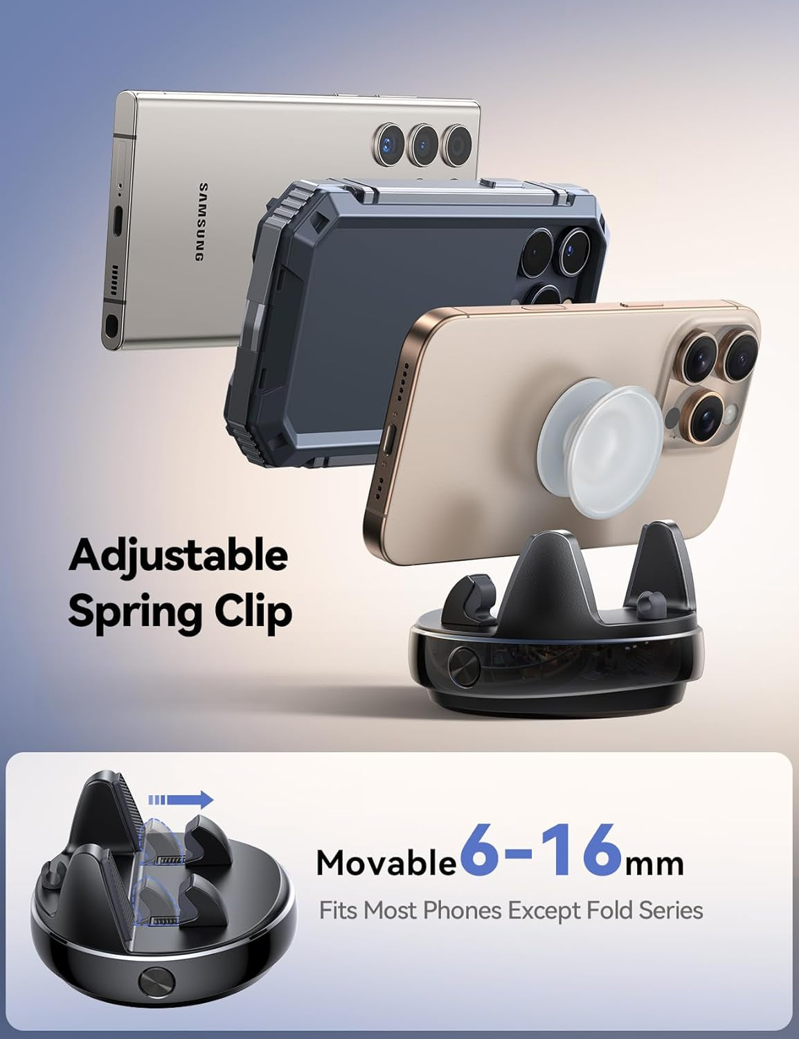 360° Adjustable Car Phone Holder - Anti-Glare Dashboard Stand for Smartphones & GPS, Slip-Free Spring Snap Design
