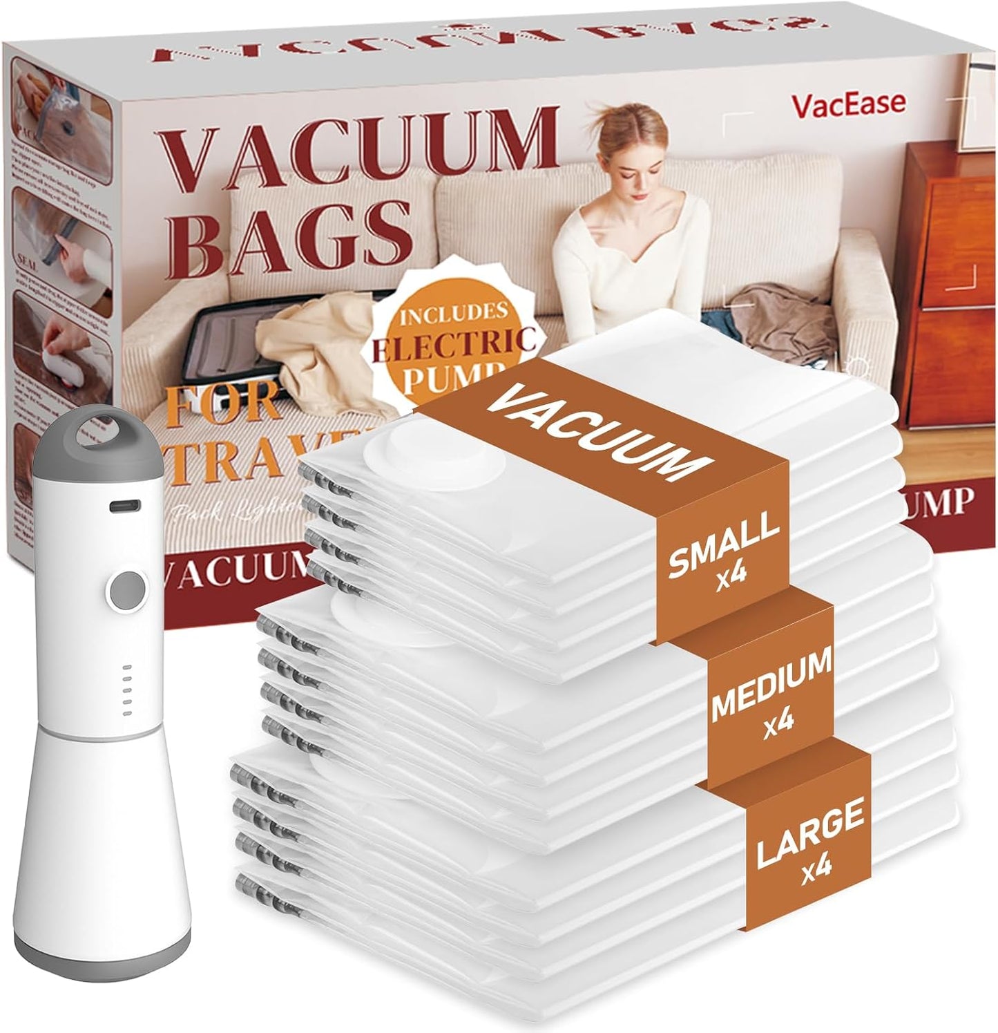 Vacuum Storage Bags with Cordless Air Pump - 10 Pack for Travel & Home, Includes 2 Large, 4 Medium, & 4 Small Bags for Clothes & Blankets