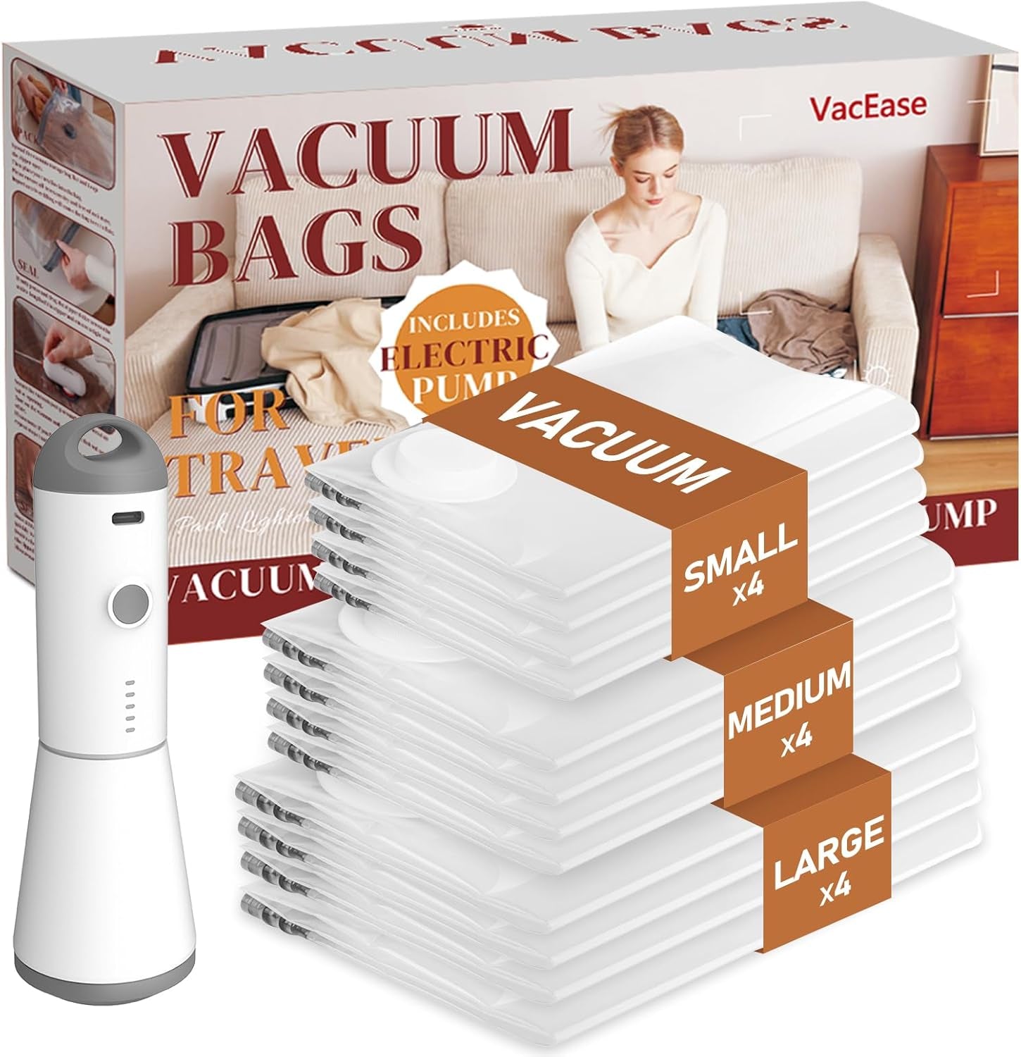 Vacuum Storage Bags with Cordless Air Pump - 10 Pack for Travel & Home, Includes 2 Large, 4 Medium, & 4 Small Bags for Clothes & Blankets