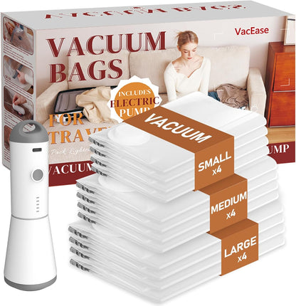 Vacuum Storage Bags with Cordless Air Pump - 10 Pack for Travel & Home, Includes 2 Large, 4 Medium, & 4 Small Bags for Clothes & Blankets