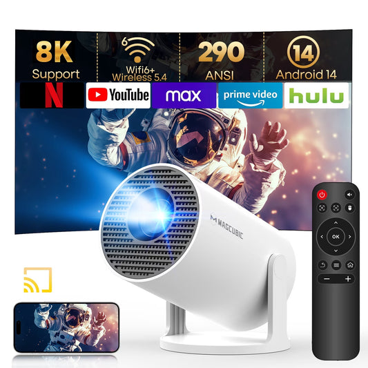 Mini Projector HY300Pro - 8K 1080P, WiFi 6 & BT 5.4, 290 ANSI Brightness, Auto Keystone, 180° Rotation - Perfect for Home Theater & Outdoor Movies - Portable & Stylish White Design