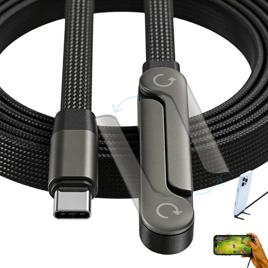 240W Ultra Fast USB C to USB C Charging Cable with Foldable T-Shaped Stand - 90 Degree Right Angle Plug - 4.9 Ft Multi-Functional Cord - Sleek Black Design