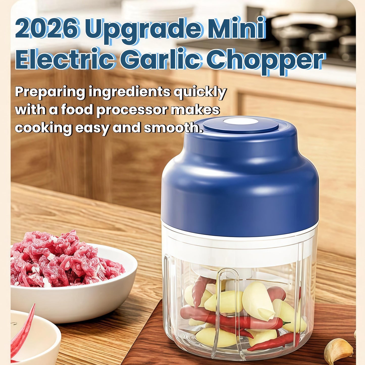 2026 Portable Rechargeable Mini Electric Garlic Chopper - 320ml Capacity with 6 Stainless Steel Blades for Effortless Chopping of Garlic, Onion, Chili, Nuts, Meat & Fruits