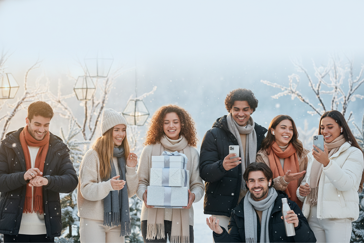 Create a wide, realistic Christmas celebration banner with a soft icy blue background (#DEEAF2) that gives a feeling of fresh snow and winter air.
Keep the top area clean and lightly faded so website navigation elements remain clearly visible.
Show a group of cheerful young adults outdoors or near a festive setup, wearing modern winter clothing in light greys, whites, and soft oranges.
Each person should naturally hold or interact with different trendy products ,for example a smartwatch, GIFTS, PHONE ETC