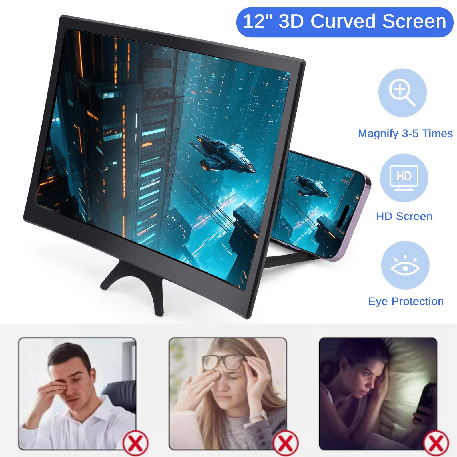 12" 3D HD Curved Screen Magnifier for Mobile Phones - Video Amplifier Stand