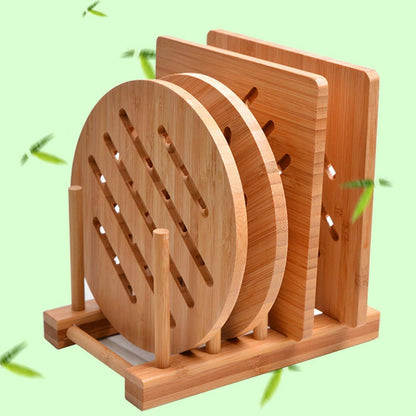 Stylish Bamboo Trivet Set - 4 Versatile Hot Pads with Storage Rack for Effortless Dining Protection